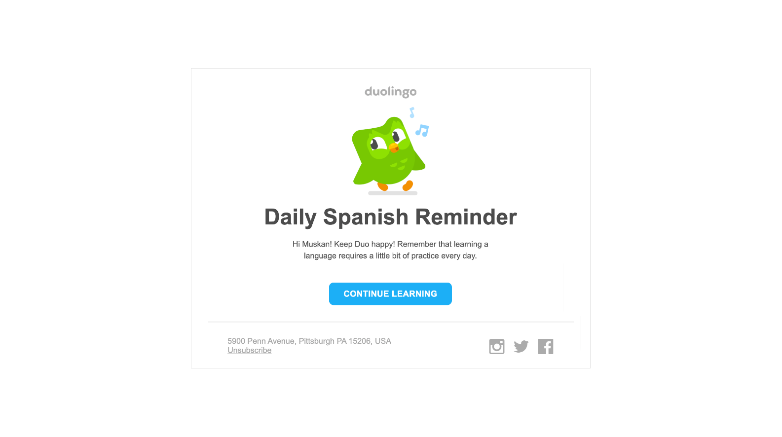 Example of Drip email campaign for better engagement by Duolingo